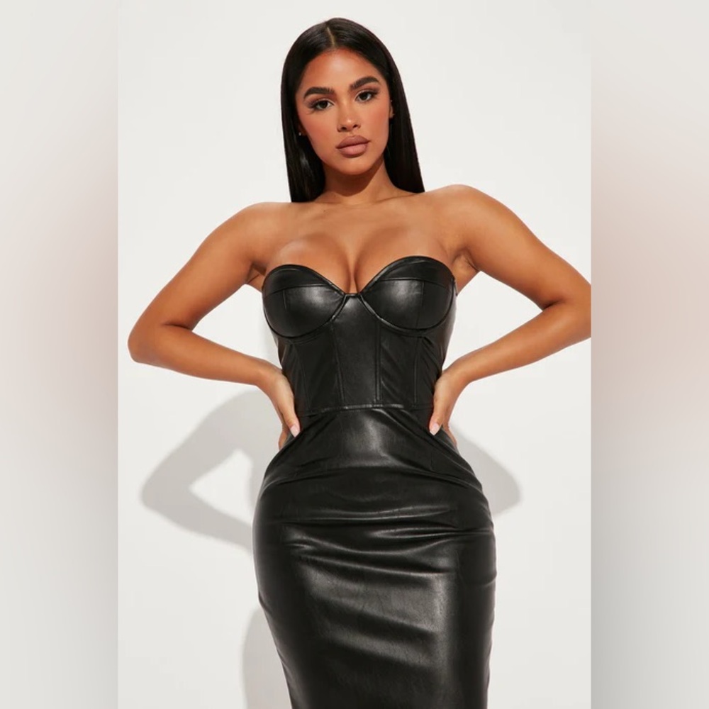 Fall Leaves Faux Leather Midi Dress - Black - Picture 2 of 5
